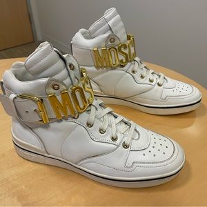 Moschino Womens shoes Logo Metal Gold lettering white sneakers size 40 US 9 8.5
